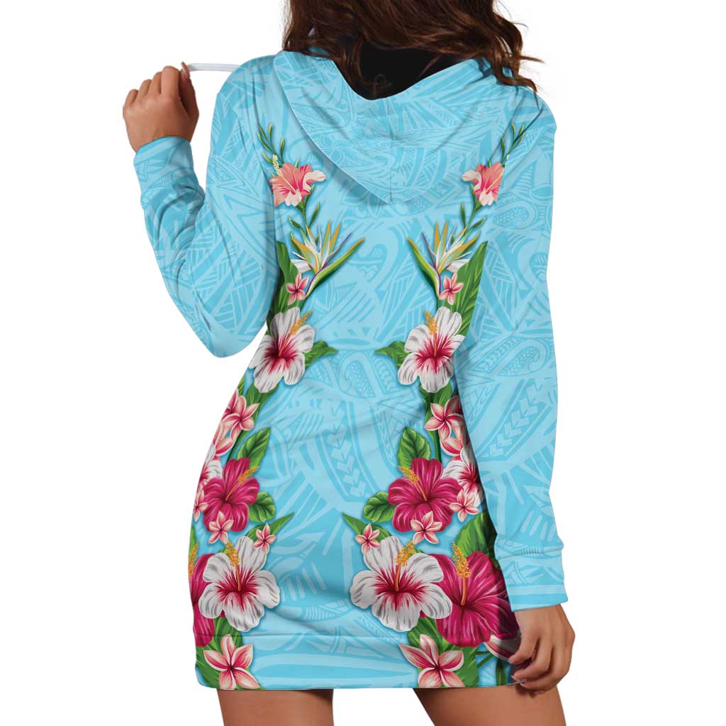 Hawaii Tropical Flowers Hoodie Dress Sky Blue Polynesian Tattoo Art