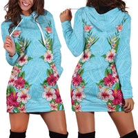 Hawaii Tropical Flowers Hoodie Dress Sky Blue Polynesian Tattoo Art