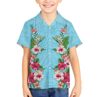 Hawaii Tropical Flowers Kid Hawaiian Shirt Sky Blue Polynesian Tattoo Art