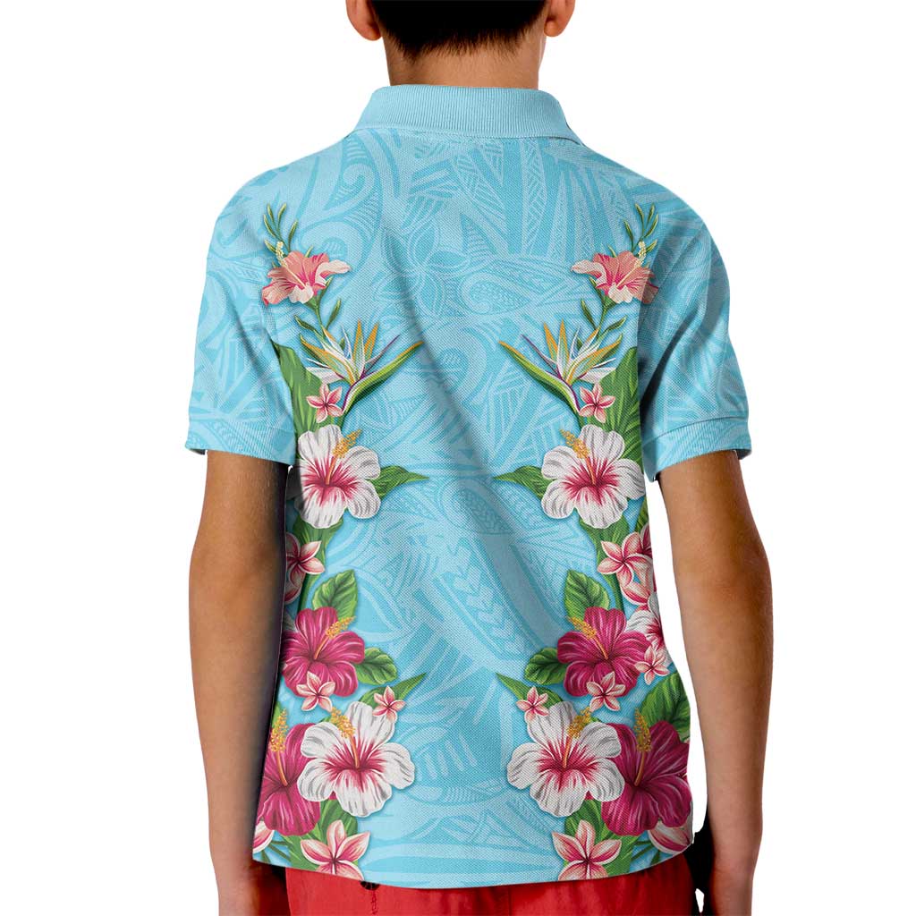 Hawaii Tropical Flowers Kid Polo Shirt Sky Blue Polynesian Tattoo Art