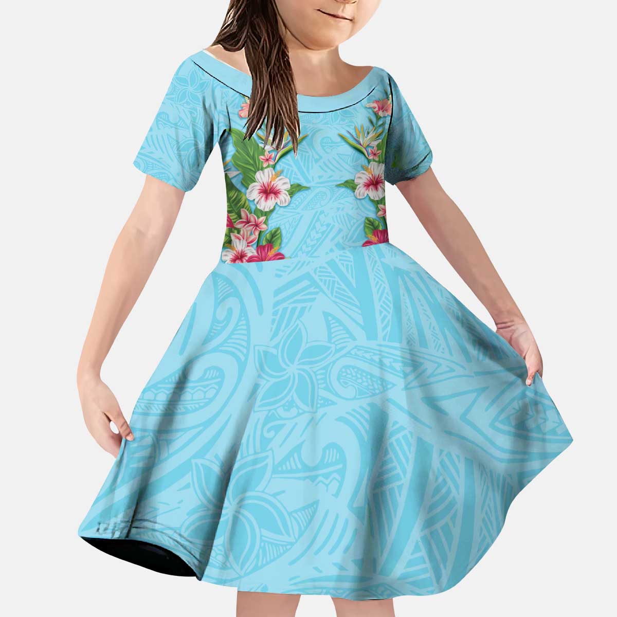 Hawaii Tropical Flowers Kid Short Sleeve Dress Sky Blue Polynesian Tattoo Art