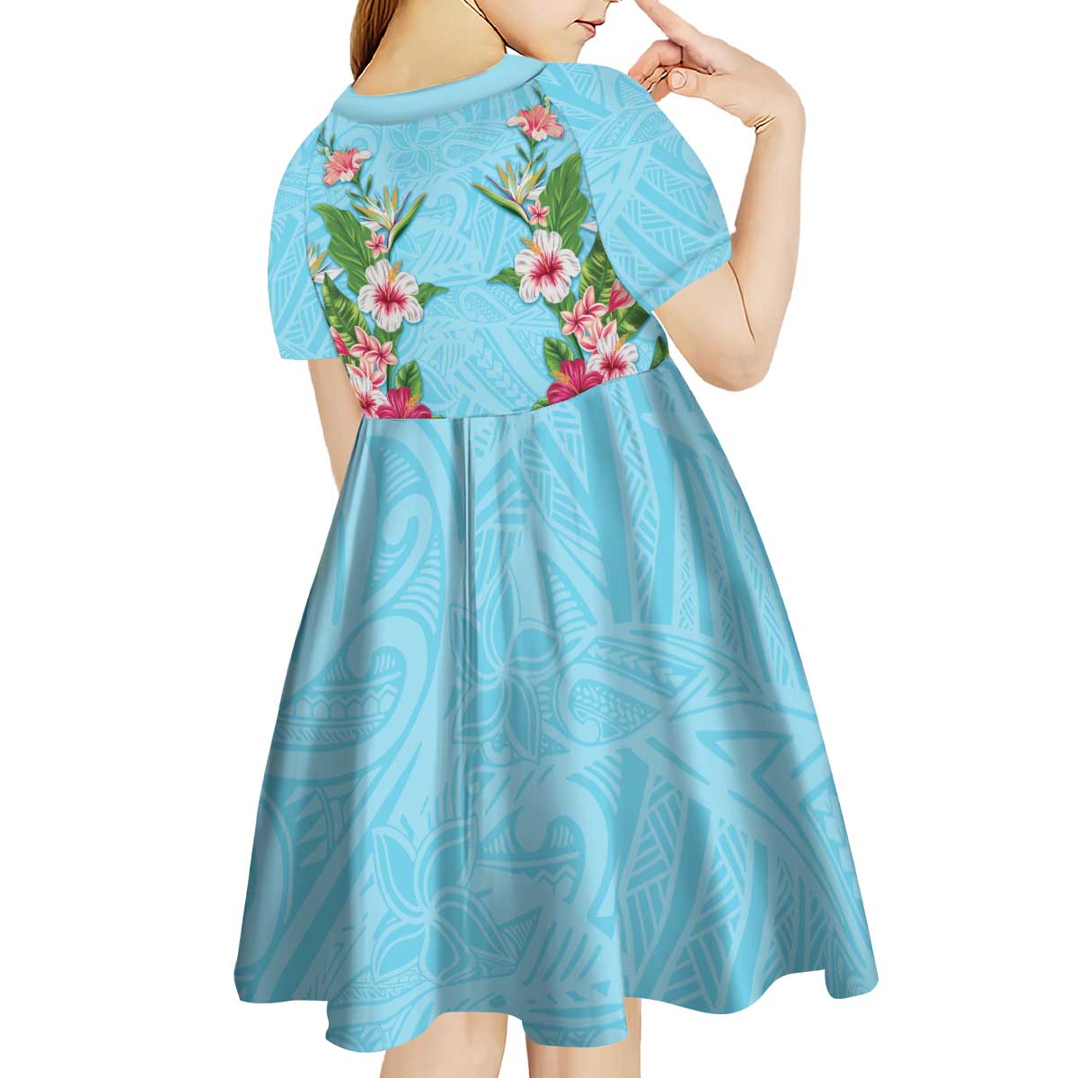 Hawaii Tropical Flowers Kid Short Sleeve Dress Sky Blue Polynesian Tattoo Art