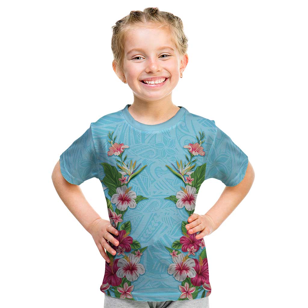 Hawaii Tropical Flowers Kid T Shirt Sky Blue Polynesian Tattoo Art