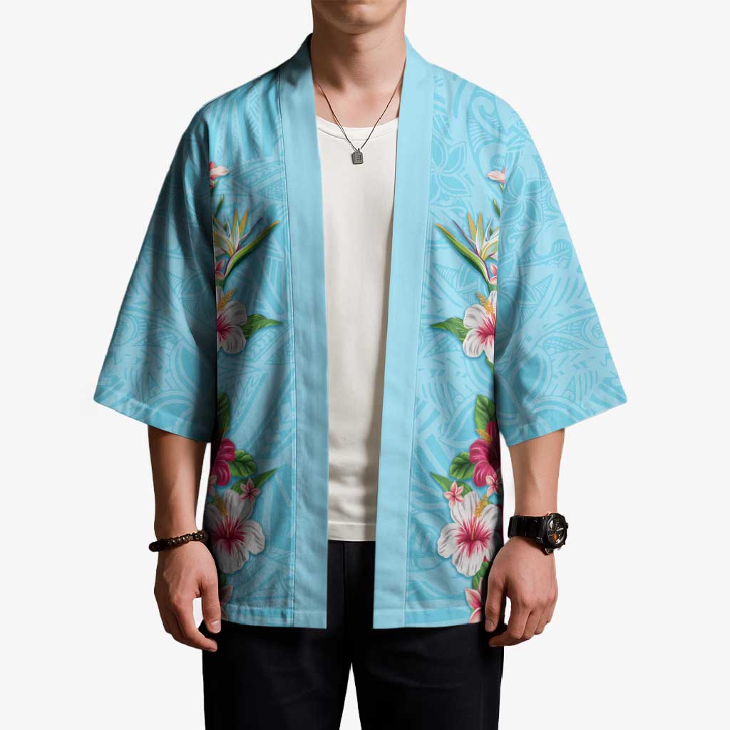 Hawaii Tropical Flowers Kimono Sky Blue Polynesian Tattoo Art