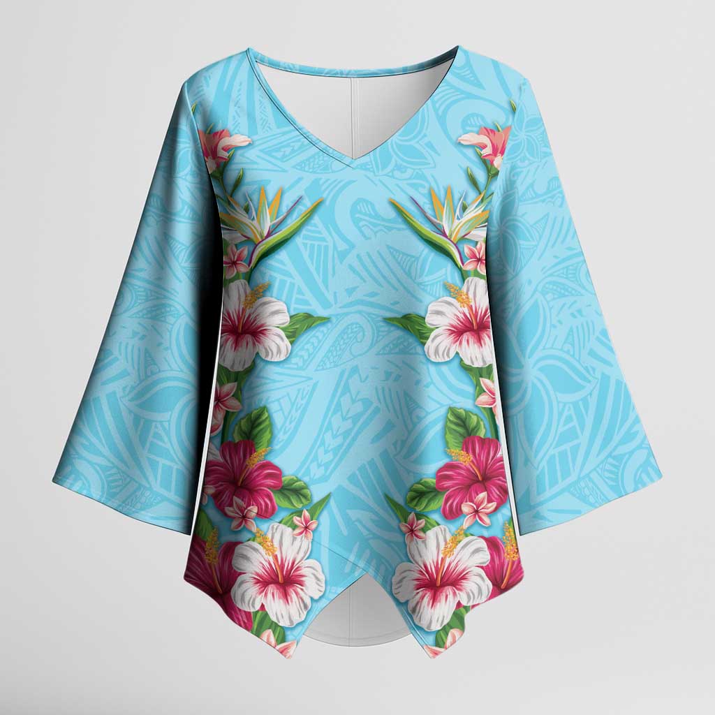 Hawaii Tropical Flowers Kimono Sleeve Blouse Sky Blue Polynesian Tattoo Art