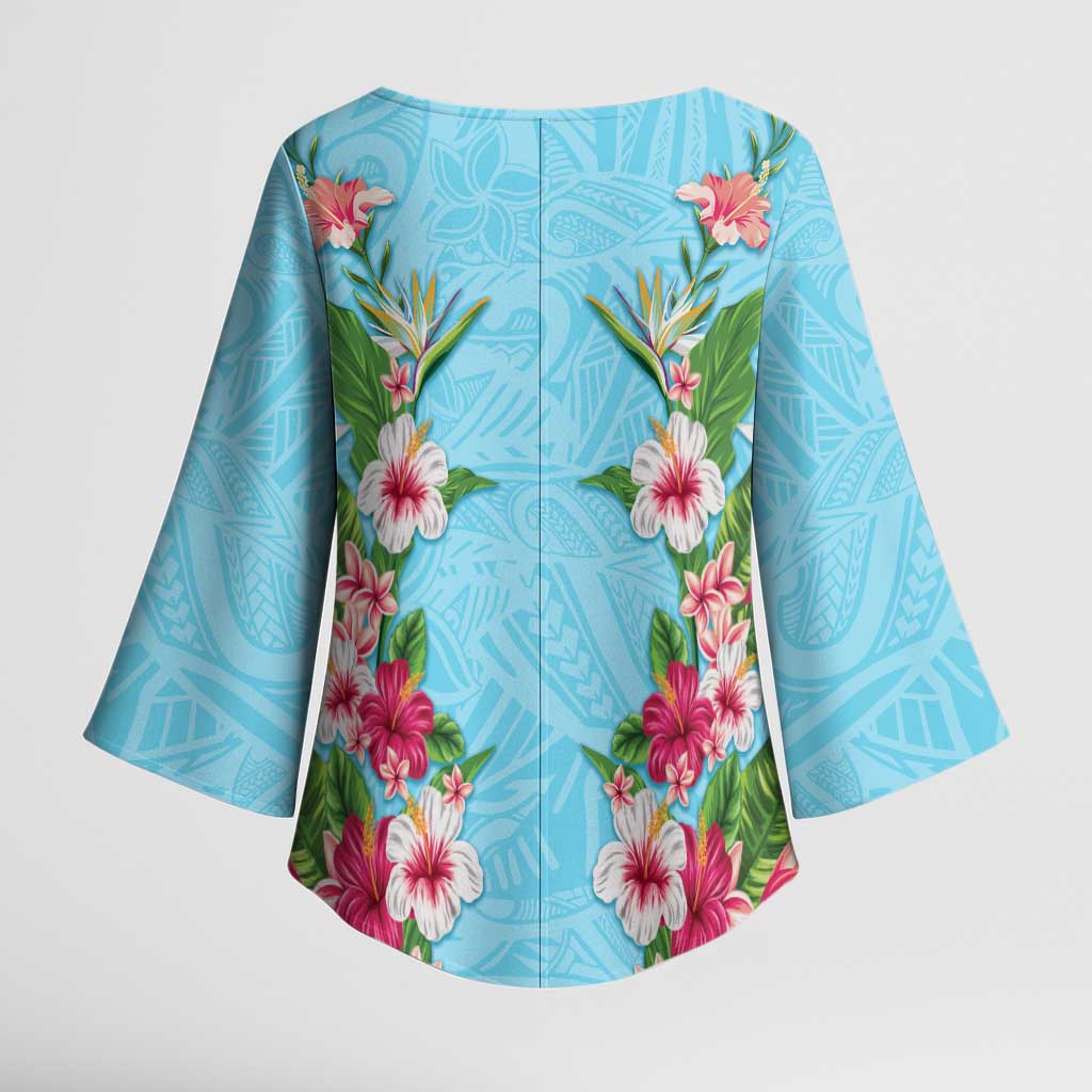 Hawaii Tropical Flowers Kimono Sleeve Blouse Sky Blue Polynesian Tattoo Art