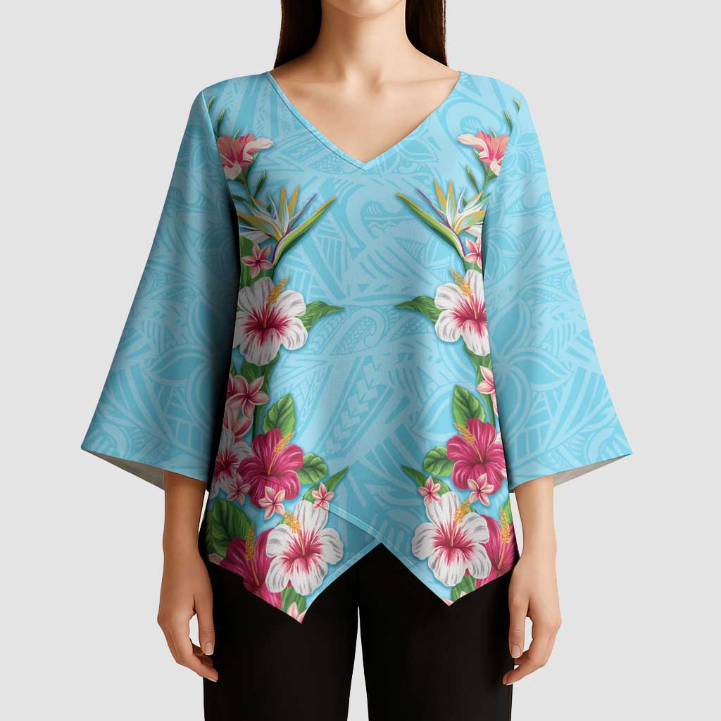 Hawaii Tropical Flowers Kimono Sleeve Blouse Sky Blue Polynesian Tattoo Art