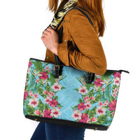 Hawaii Tropical Flowers Leather Tote Bag Sky Blue Polynesian Tattoo Art