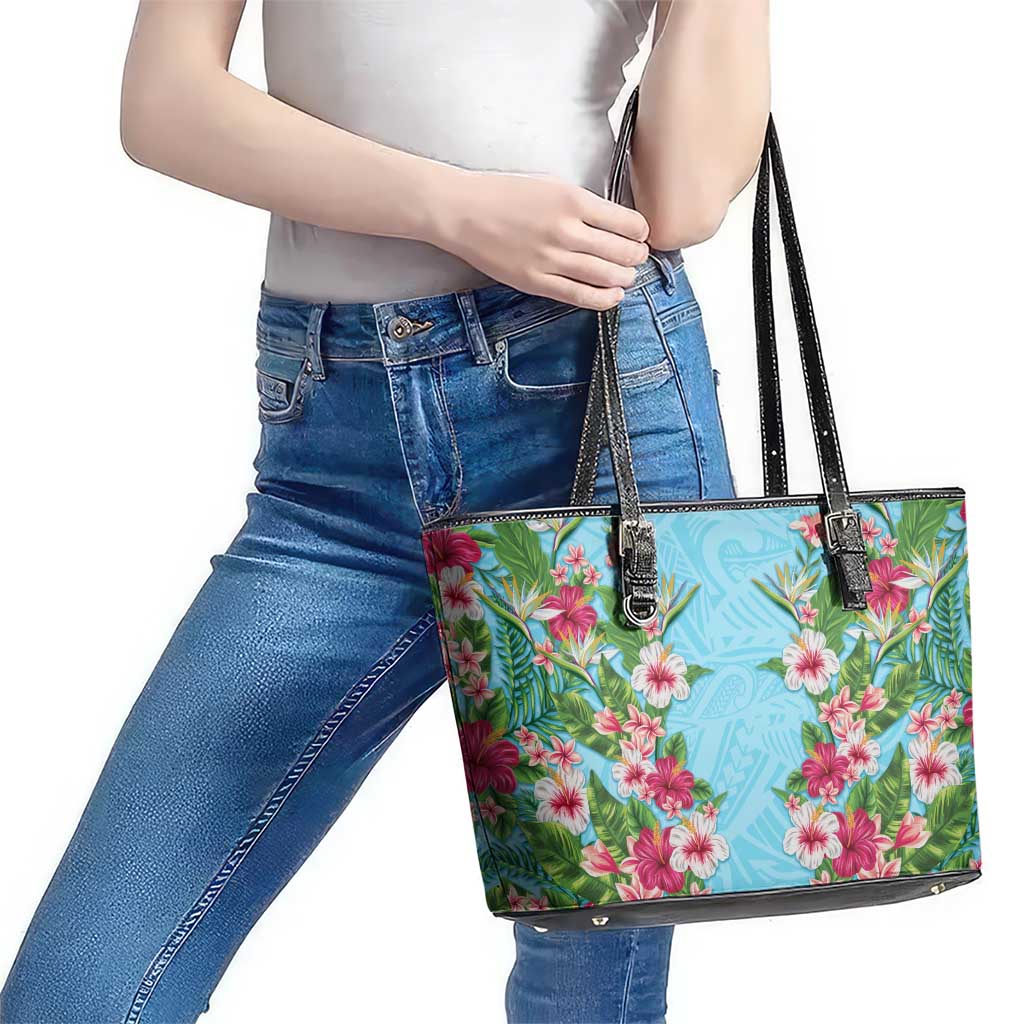 Hawaii Tropical Flowers Leather Tote Bag Sky Blue Polynesian Tattoo Art
