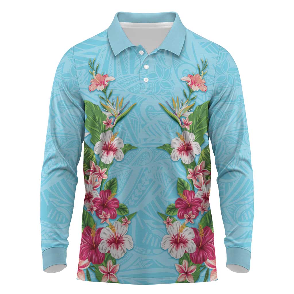 Hawaii Tropical Flowers Long Sleeve Polo Shirt Sky Blue Polynesian Tattoo Art