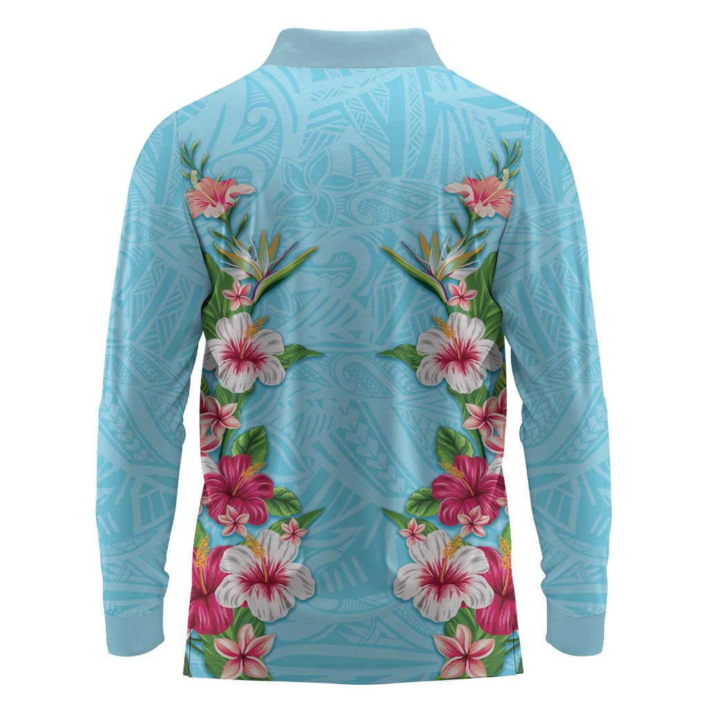 Hawaii Tropical Flowers Long Sleeve Polo Shirt Sky Blue Polynesian Tattoo Art