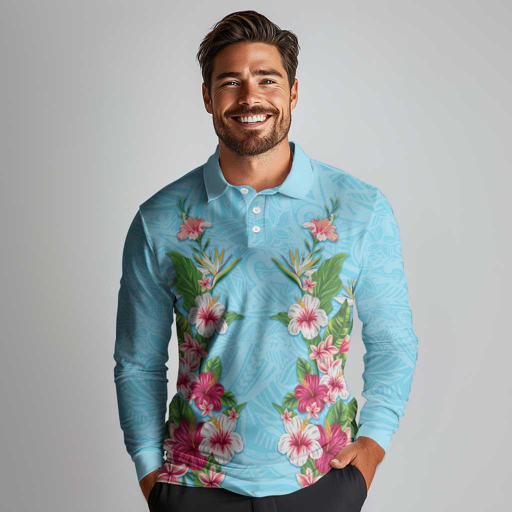 Hawaii Tropical Flowers Long Sleeve Polo Shirt Sky Blue Polynesian Tattoo Art