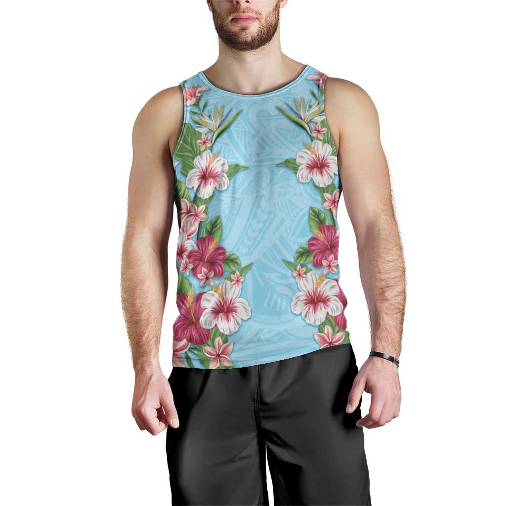 Hawaii Tropical Flowers Men Tank Top Sky Blue Polynesian Tattoo Art
