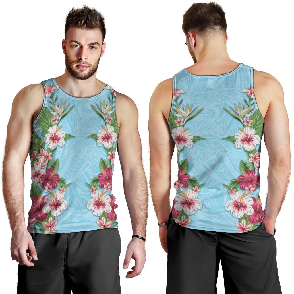 Hawaii Tropical Flowers Men Tank Top Sky Blue Polynesian Tattoo Art