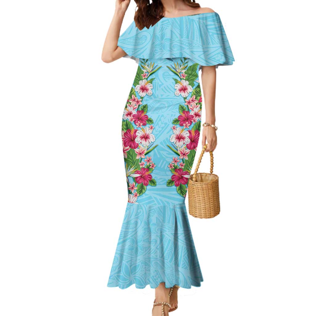Hawaii Tropical Flowers Mermaid Dress Sky Blue Polynesian Tattoo Art