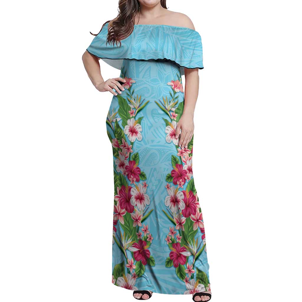Hawaii Tropical Flowers Off Shoulder Maxi Dress Sky Blue Polynesian Tattoo Art