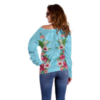 Hawaii Tropical Flowers Off Shoulder Sweater Sky Blue Polynesian Tattoo Art