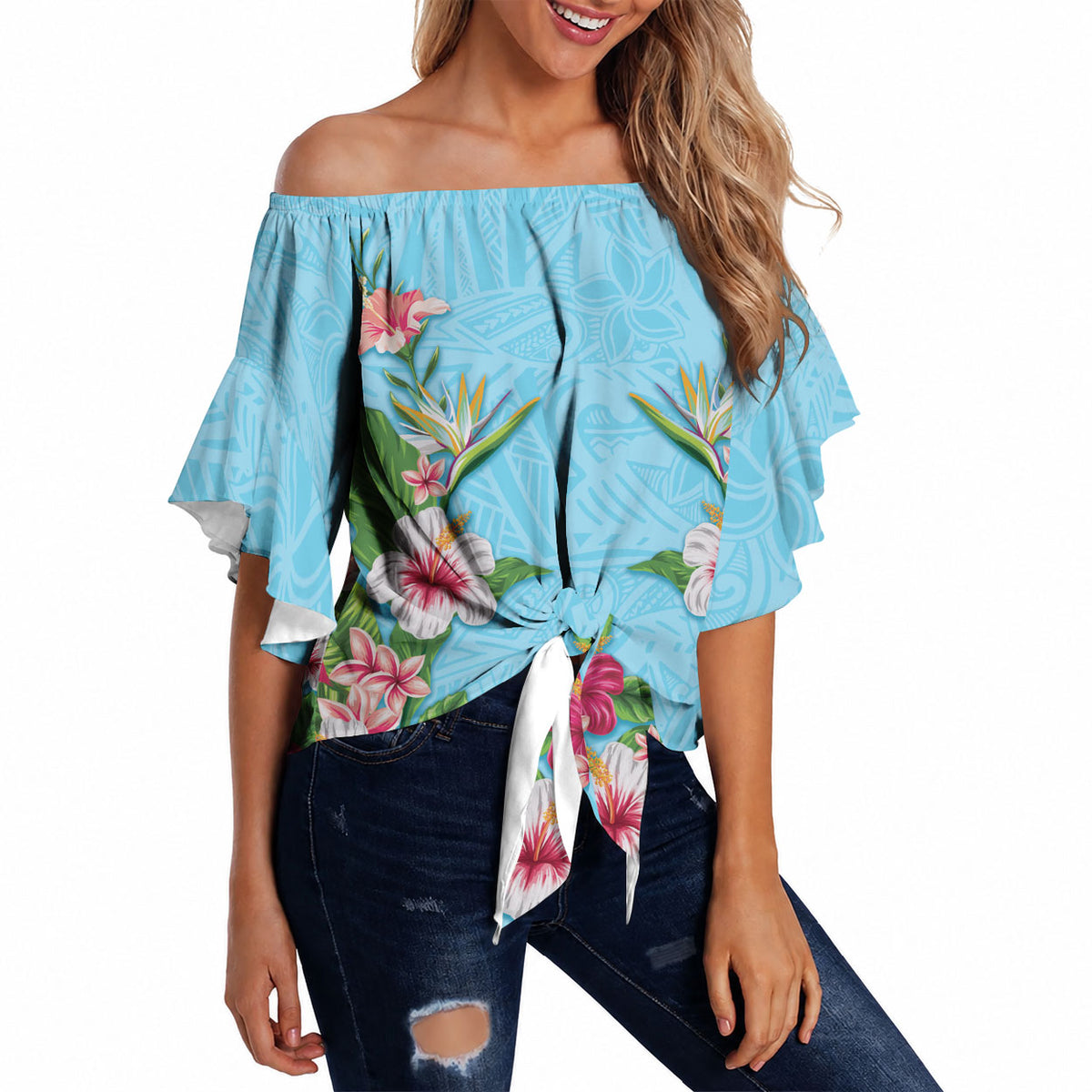 Hawaii Tropical Flowers Off Shoulder Wrap Waist Top Sky Blue Polynesian Tattoo Art LT05 - Polynesian Pride