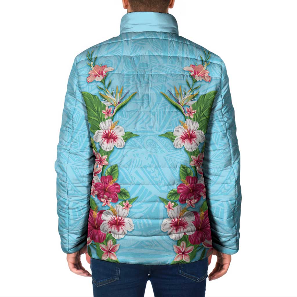 Hawaii Tropical Flowers Padded Jacket Sky Blue Polynesian Tattoo Art