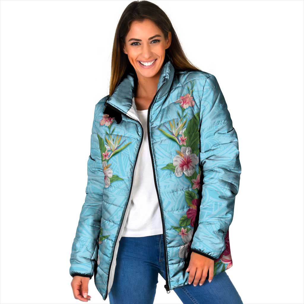Hawaii Tropical Flowers Padded Jacket Sky Blue Polynesian Tattoo Art