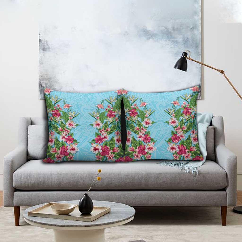 Hawaii Tropical Flowers Pillow Cover Sky Blue Polynesian Tattoo Art