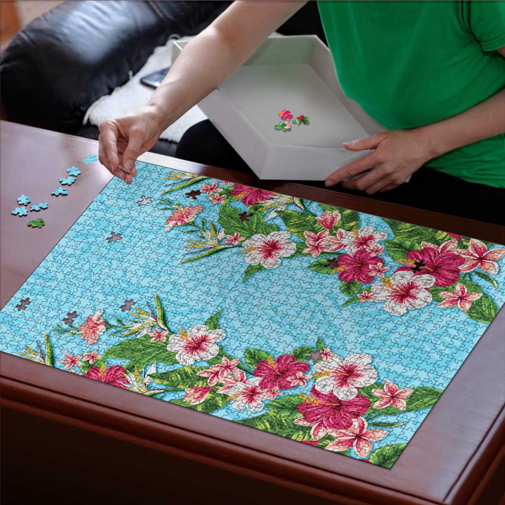 Hawaii Tropical Flowers Puzzle Sky Blue Polynesian Tattoo Art