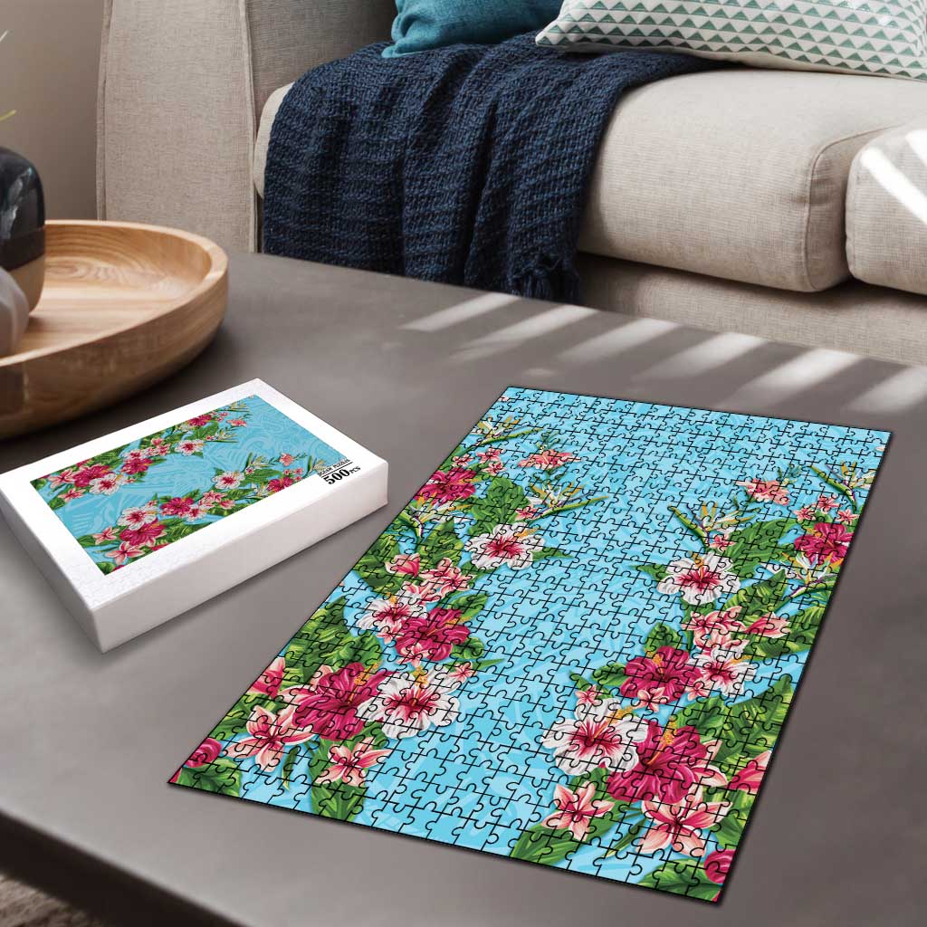 Hawaii Tropical Flowers Puzzle Sky Blue Polynesian Tattoo Art