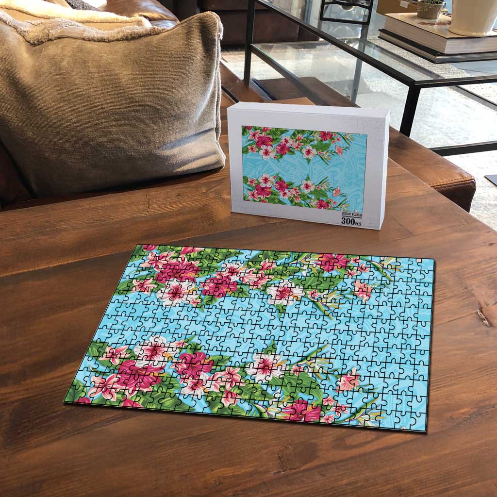 Hawaii Tropical Flowers Puzzle Sky Blue Polynesian Tattoo Art