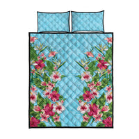 Hawaii Tropical Flowers Quilt Bed Set Sky Blue Polynesian Tattoo Art