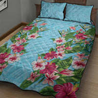 Hawaii Tropical Flowers Quilt Bed Set Sky Blue Polynesian Tattoo Art