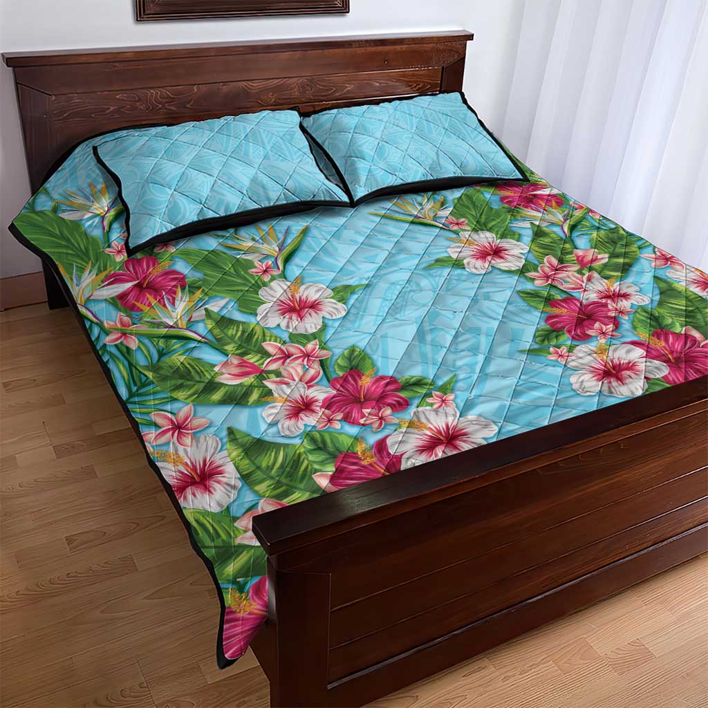 Hawaii Tropical Flowers Quilt Bed Set Sky Blue Polynesian Tattoo Art