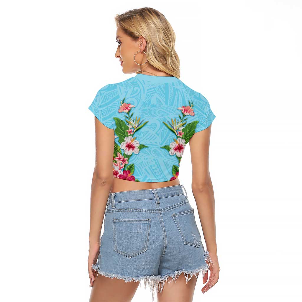 Hawaii Tropical Flowers Raglan Cropped T Shirt Sky Blue Polynesian Tattoo Art