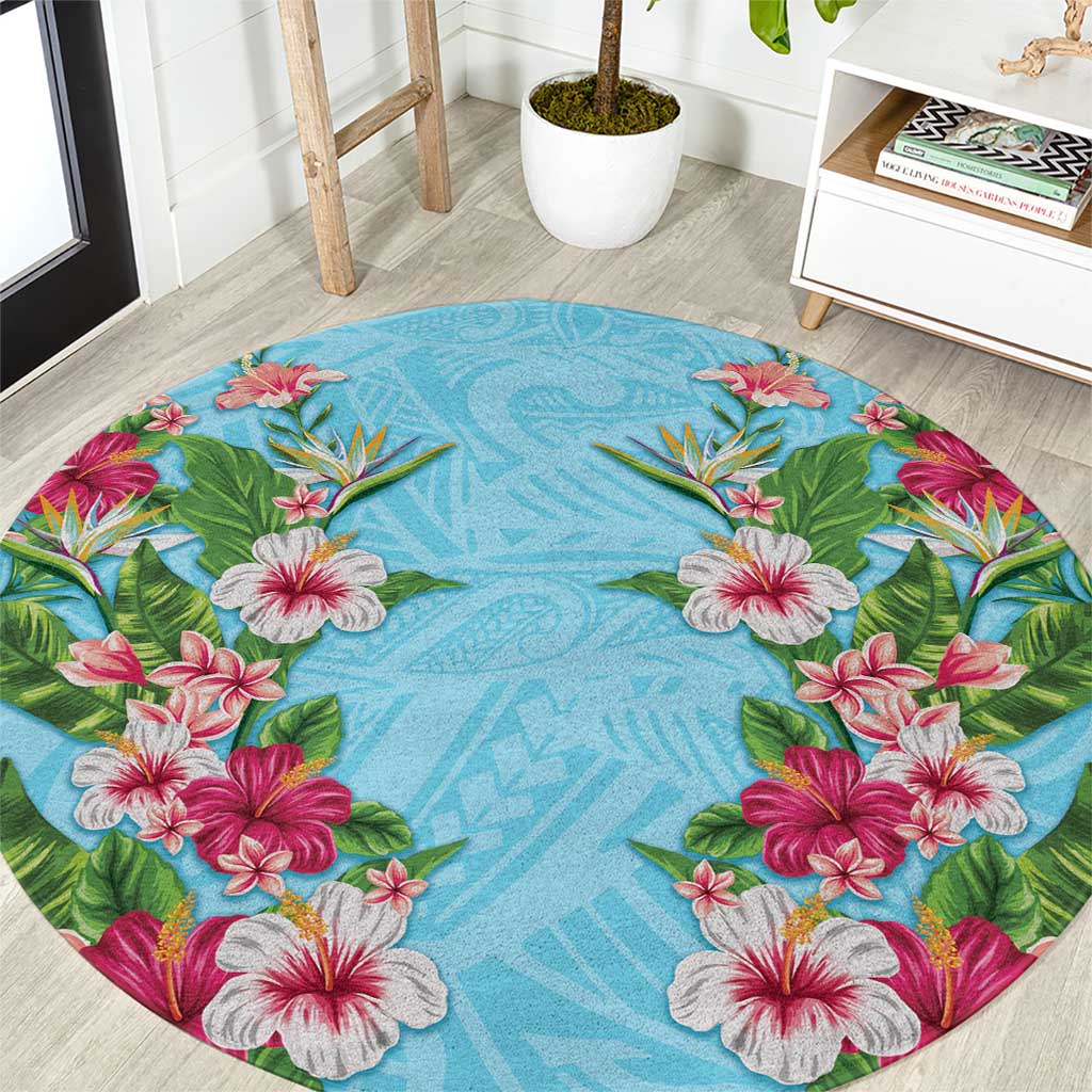 Hawaii Tropical Flowers Round Carpet Sky Blue Polynesian Tattoo Art