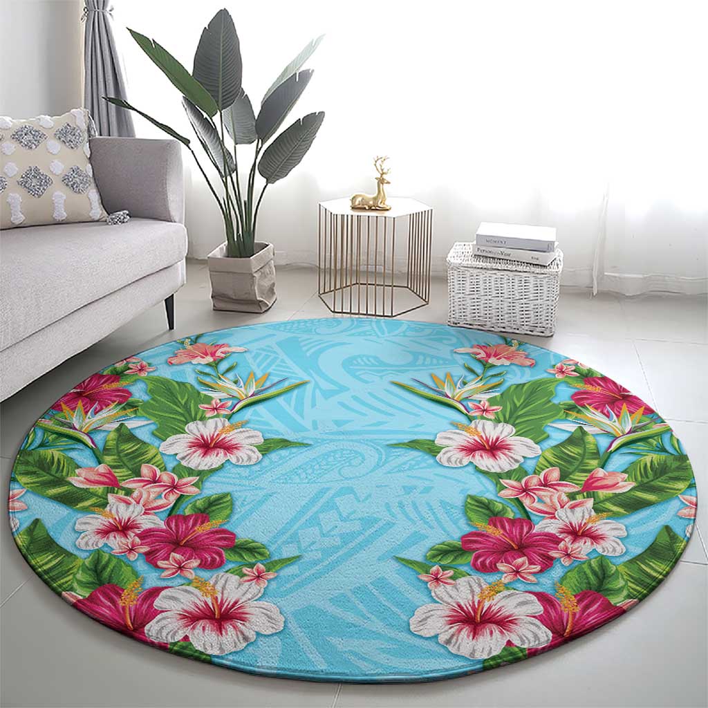 Hawaii Tropical Flowers Round Carpet Sky Blue Polynesian Tattoo Art