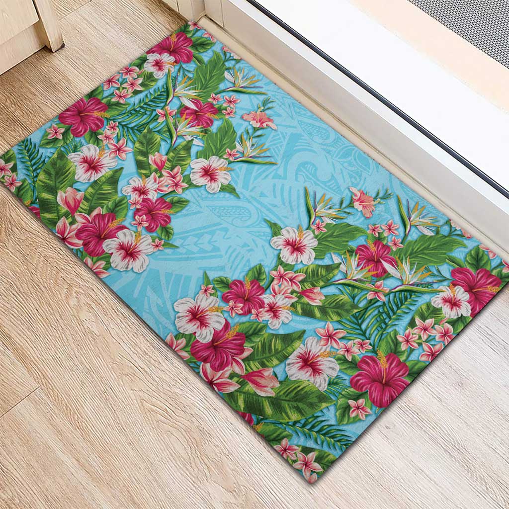 Hawaii Tropical Flowers Rubber Doormat Sky Blue Polynesian Tattoo Art