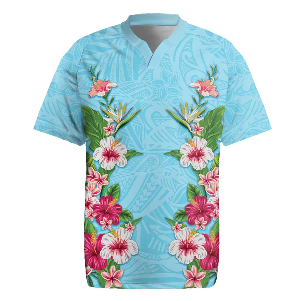 Hawaii Tropical Flowers Rugby Jersey Sky Blue Polynesian Tattoo Art