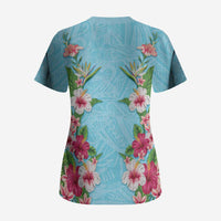 Hawaii Tropical Flowers Scrub Top Sky Blue Polynesian Tattoo Art