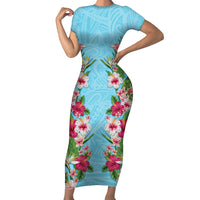 Hawaii Tropical Flowers Short Sleeve Bodycon Dress Sky Blue Polynesian Tattoo Art