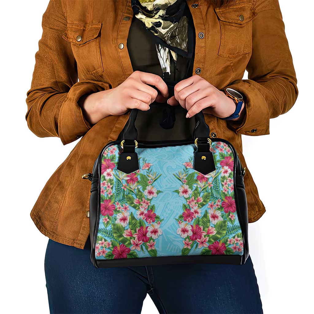 Hawaii Tropical Flowers Shoulder Handbag Sky Blue Polynesian Tattoo Art