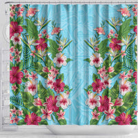 Hawaii Tropical Flowers Shower Curtain Sky Blue Polynesian Tattoo Art