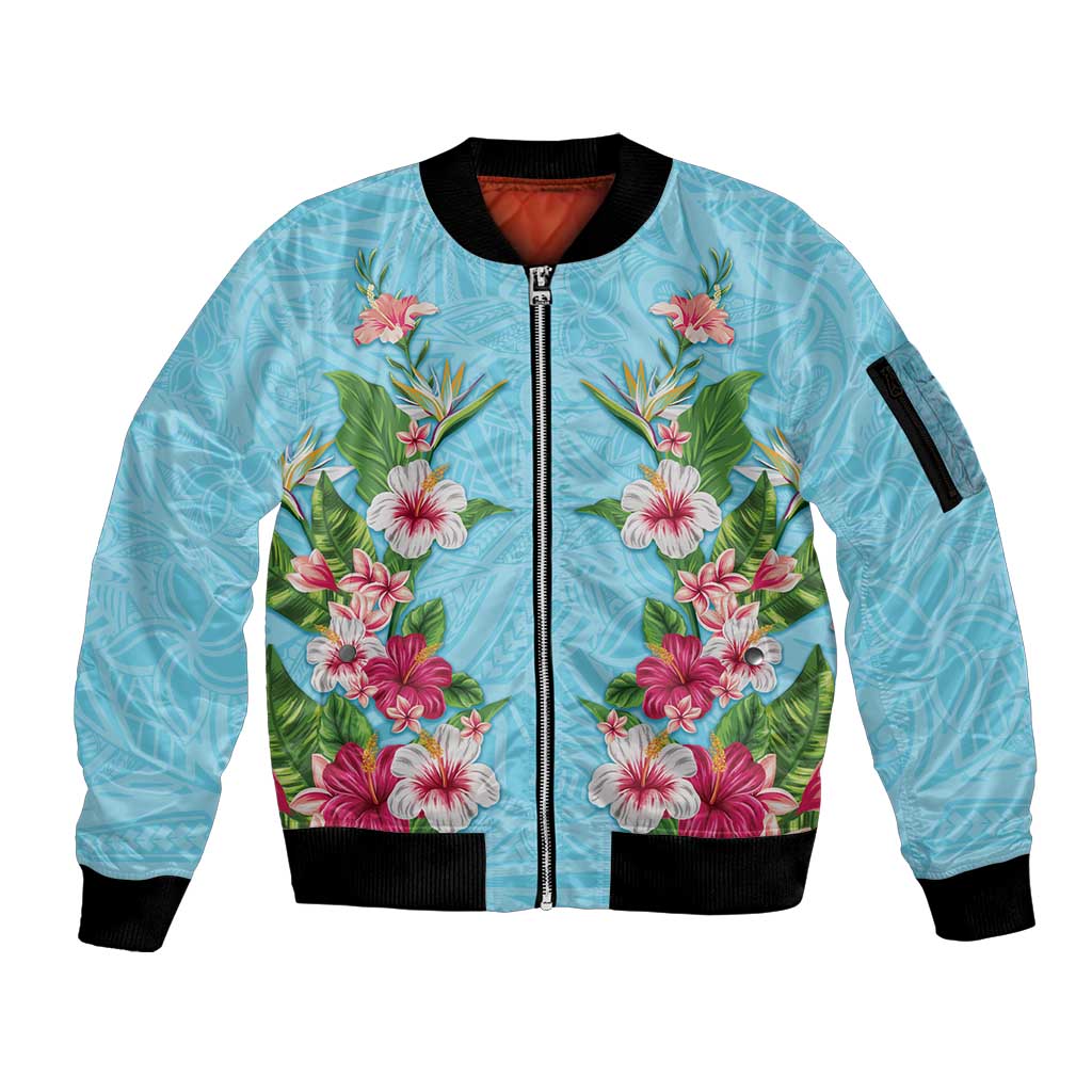 Hawaii Tropical Flowers Sleeve Zip Bomber Jacket Sky Blue Polynesian Tattoo Art