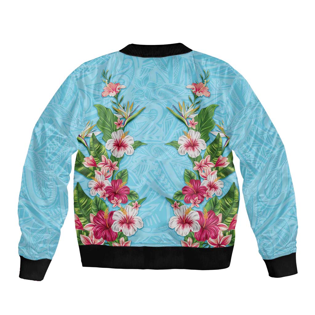 Hawaii Tropical Flowers Sleeve Zip Bomber Jacket Sky Blue Polynesian Tattoo Art