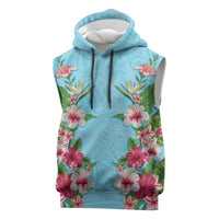Hawaii Tropical Flowers Sleeveless Hoodie Sky Blue Polynesian Tattoo Art