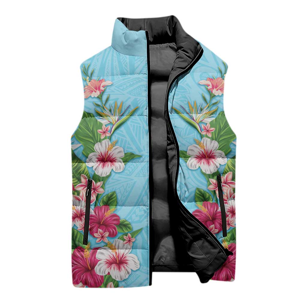 Hawaii Tropical Flowers Sleeveless Puffer Jacket Sky Blue Polynesian Tattoo Art