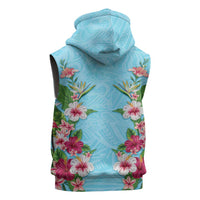 Hawaii Tropical Flowers Sleeveless Zip Hoodie Sky Blue Polynesian Tattoo Art