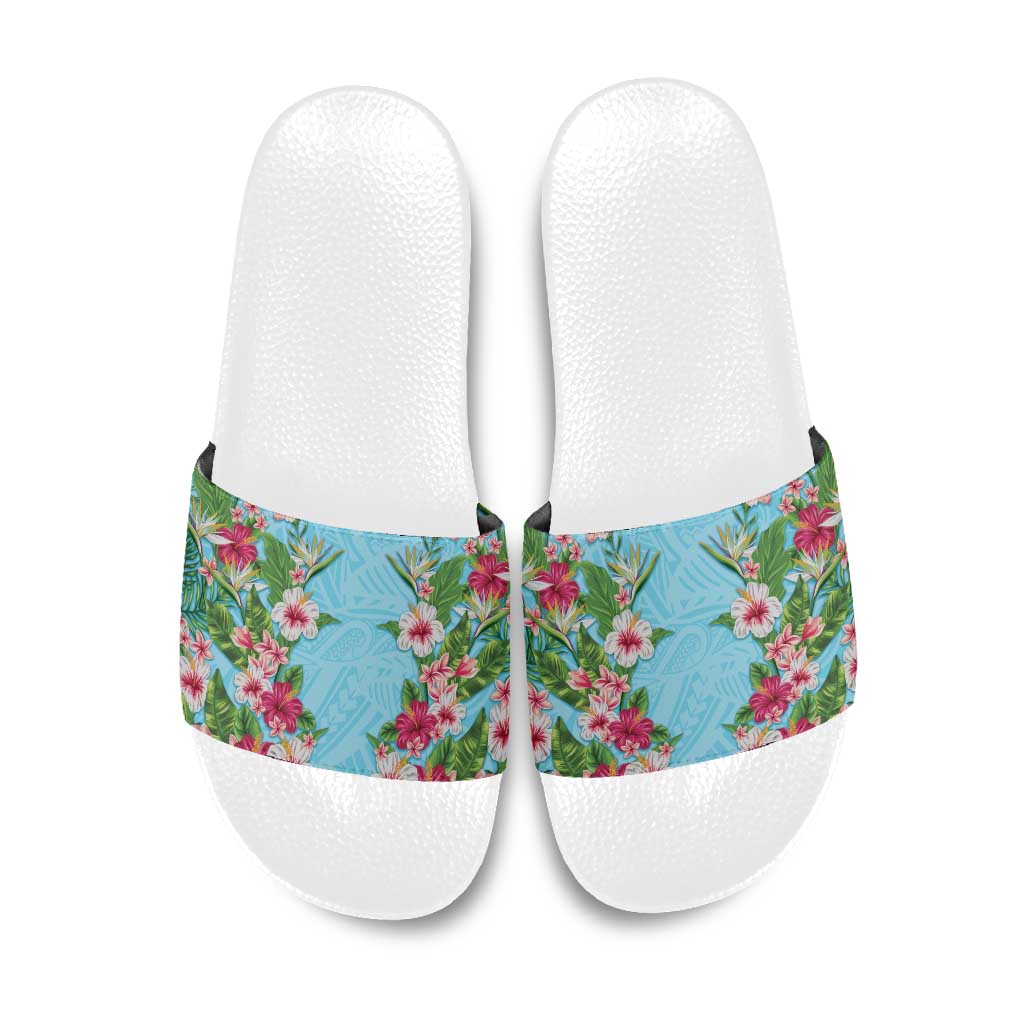 Hawaii Tropical Flowers Slide Sandals Sky Blue Polynesian Tattoo Art