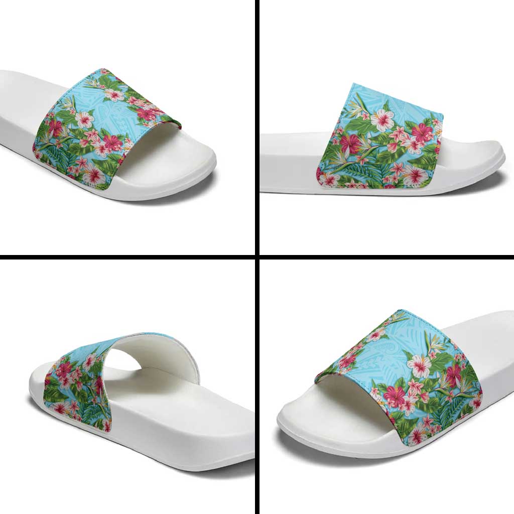 Hawaii Tropical Flowers Slide Sandals Sky Blue Polynesian Tattoo Art