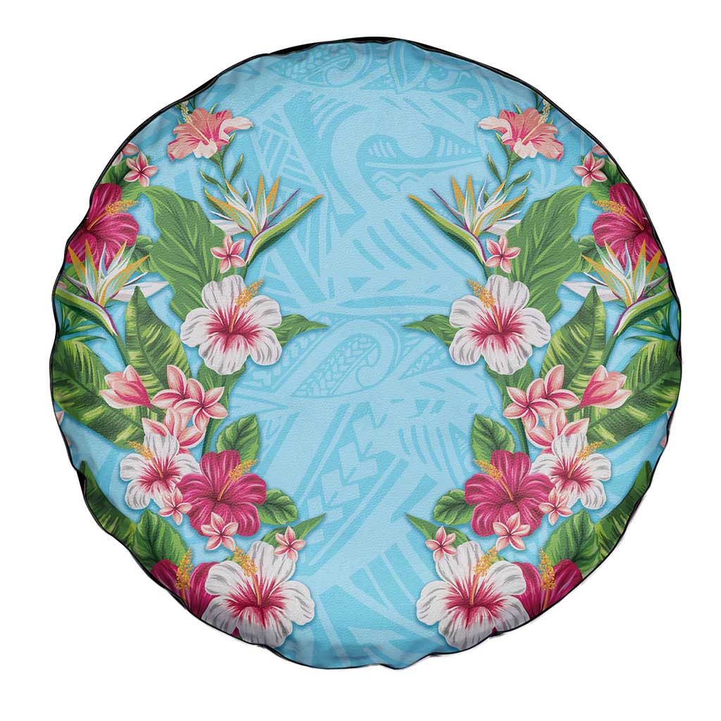 Hawaii Tropical Flowers Spare Tire Cover Sky Blue Polynesian Tattoo Art
