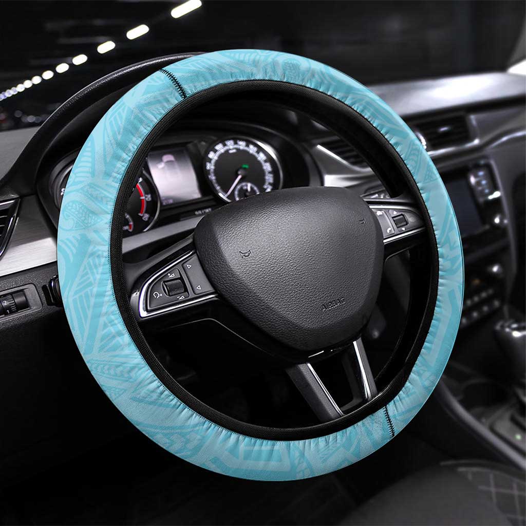 Hawaii Tropical Flowers Steering Wheel Cover Sky Blue Polynesian Tattoo Art