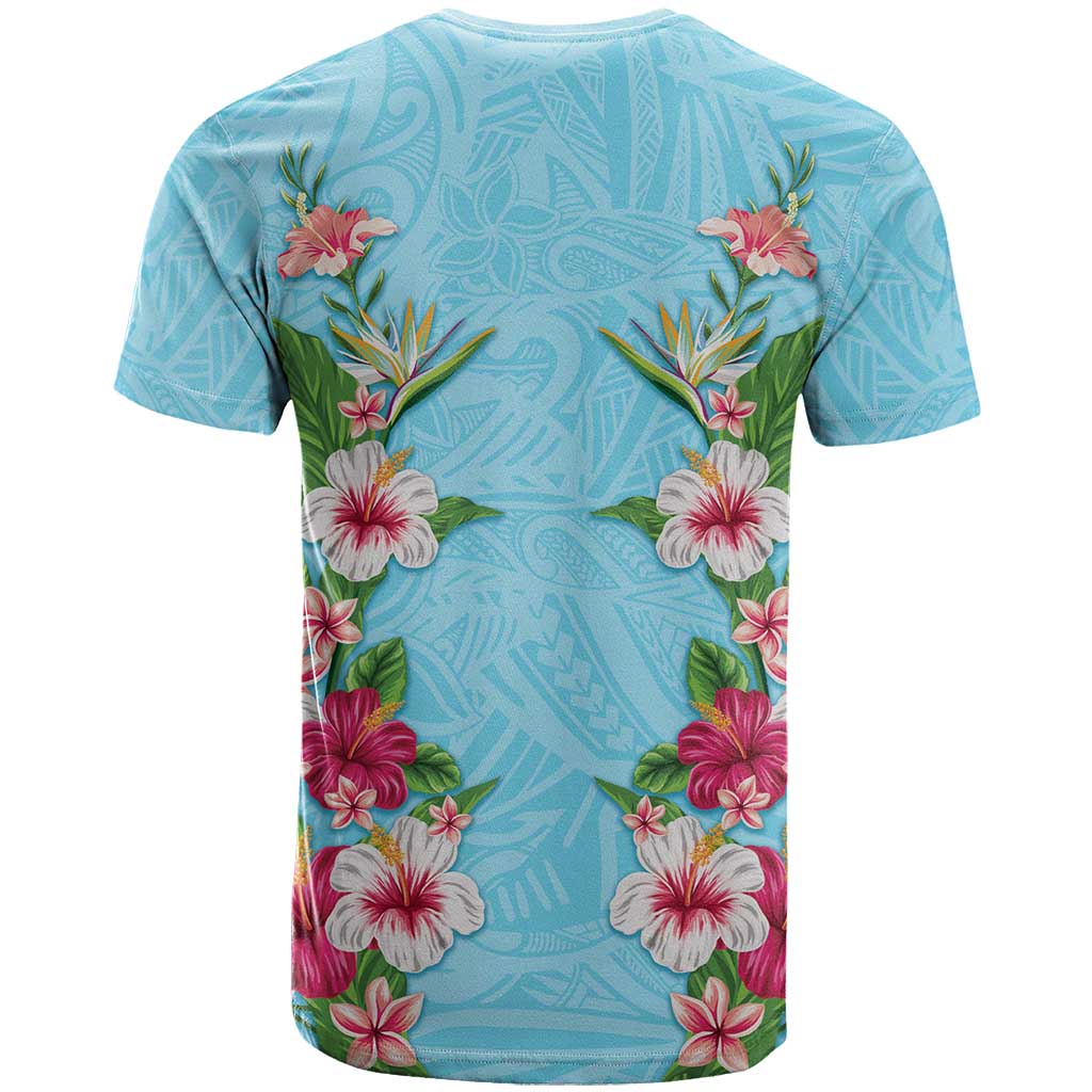 Hawaii Tropical Flowers T Shirt Sky Blue Polynesian Tattoo Art